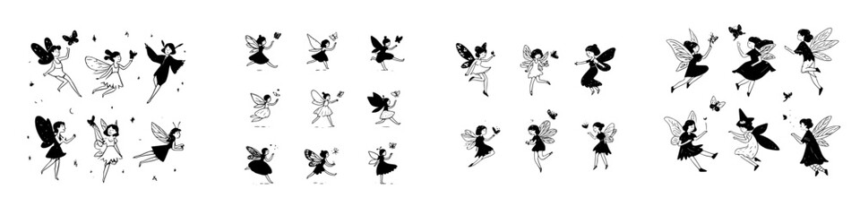 Collection of whimsical fairy and butterfly doodle icons in black and white