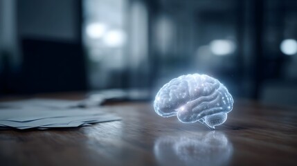 A luminous futuristic brain hologram hovers over a wooden desk with papers symbolizing innovation ideas and advanced thinking in a modern office