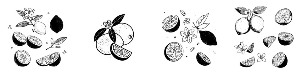 Hand drawn lemon and lime fruit elements with blossoms and leaves