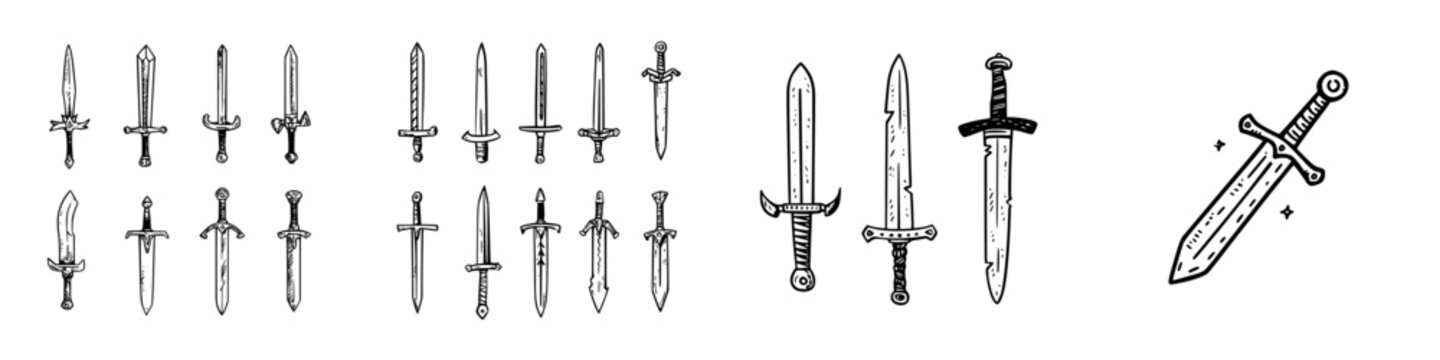 Collection of various medieval and fantasy sword weapon icons in doodle style