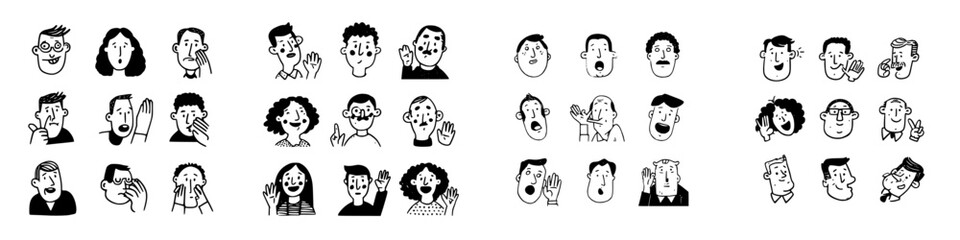 Diverse people faces showing various communication gestures and expressions