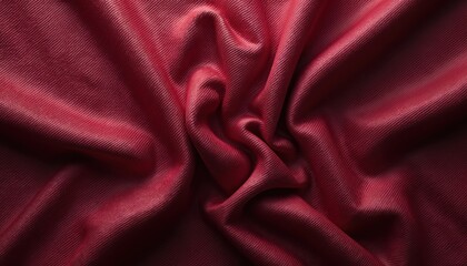 Fototapeta premium Detailed view shows deep maroon red textile texture. Rich dark crimson color woven cloth with folds. Elegant burgundy colored fabric for apparel design or furniture upholstery. Fine cotton sample.