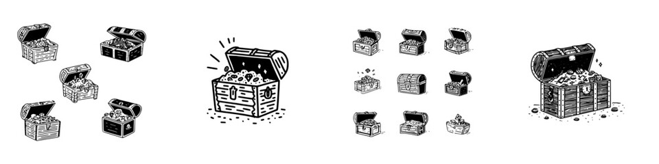 Collection of pirate treasure chests filled with gold coins and jewels