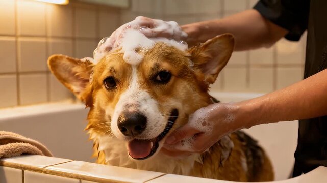 A happy corgi getting a bubbly bath, showcasing joy and relaxation during grooming.