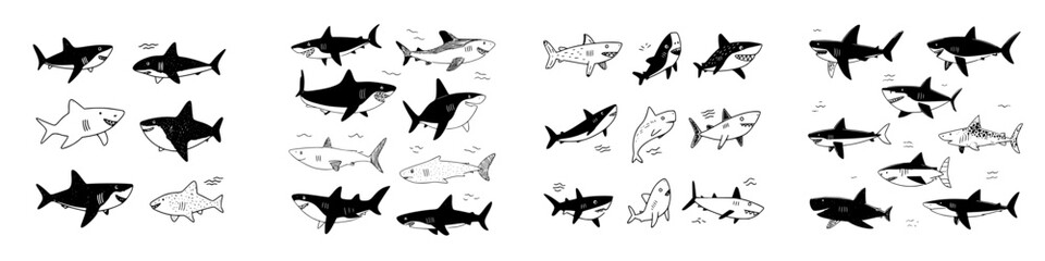 Hand drawn cute shark icons in black and white style