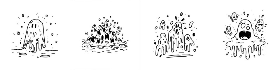 Four dripping melting cartoon ghost characters in black and white style © schmidt