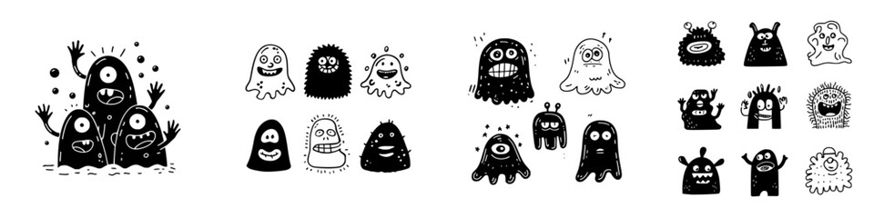 Collection of funny cartoon monsters and cute alien characters in doodle style