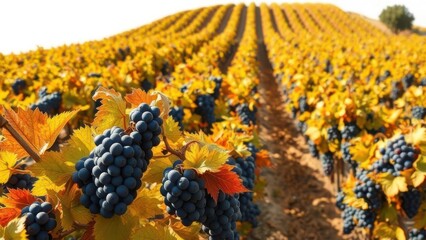 Midday light falls across a wide vineyard landscape, ripe purple grapes contrasting with yellow and red autumn leaves. Generative AI