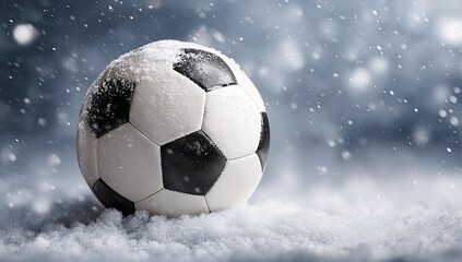 Fototapeta premium A soccer ball rests in a snowy landscape, covered in fresh white flakes