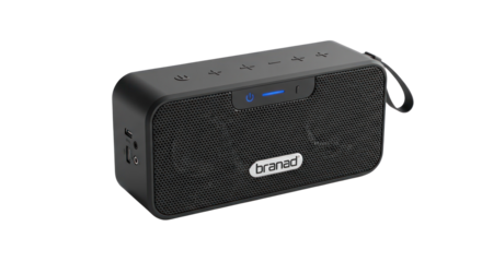 A black rectangular speaker with a strap and buttons on its side.