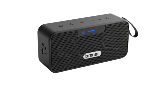 A black rectangular speaker with a strap and buttons on its side.