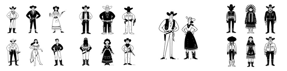 Diverse group of American West figures in classic black and white style