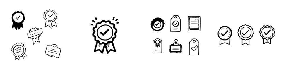 Set of hand drawn quality assurance badge and tag icons in doodle style