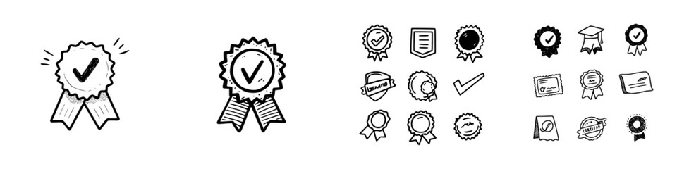 Hand drawn award ribbon and certificate icons set in black outline style