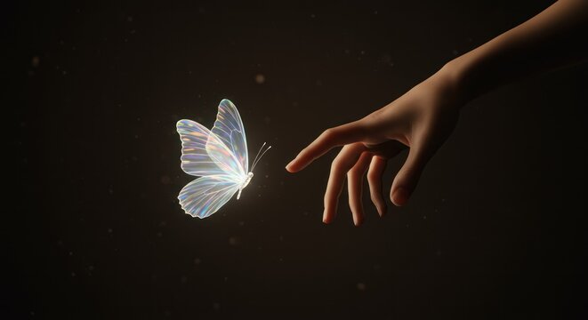 Touching iridescent butterfly with hand against dark background