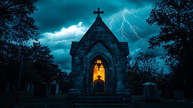 A church with a lightning bolt in the sky