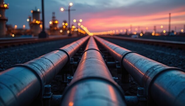 Industrial pipelines run parallel across railway tracks towards distant refinery complex under dramatic twilight sky. Lights from structures illuminate scene, creating sense of depth, scale. Metal