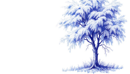 Vintage sketch of a birch tree in blue ink on white background  