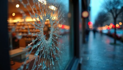 Smashed store window on urban street after vandalism incident. Damage after crisis. Hole in glass surface. Shattered storefront, vandalism impact. Broken window destruction, glass shards, accident