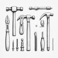 Vintage Engraving Hand Tools Collection, black and white, representing craftsmanship and repair with copy space