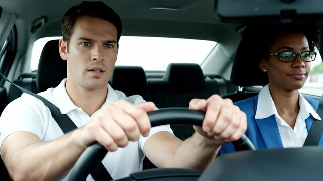 Man learner driver looking to side while woman instructor talks and smiles during driving lesson, footage