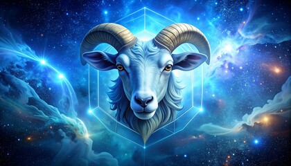 A celestial ram's head portrait framed by a glowing geometric shape against a nebula-filled cosmos backdrop. The ram is rendered in detailed detail with blue hues
