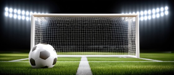 Soccer goal with a ball in a well-lit stadium during a nighttime match showcasing excitement and competition among teams