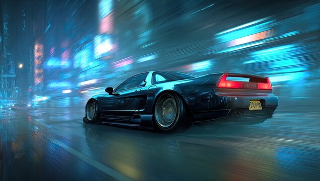 Sleek, dark-colored sports car speeding through a vibrant, futuristic cityscape at night