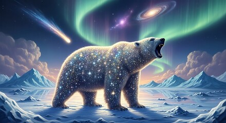 A majestic polar bear stands beneath the aurora borealis, its fur shimmering with starlight, creating a magical arctic scene of wonder and awe in the night