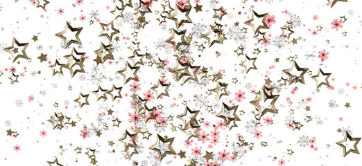 Festive background with golden stars and delicate snowflakes on a white backdrop, ideal for holiday designs. Perfect for Christmas and winter th
