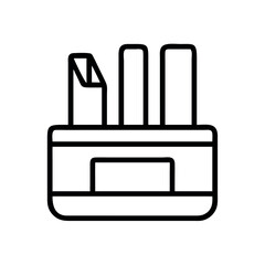 Stylized line art icon of a desk organizer holding pens and pencils