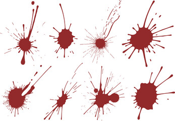 Realistic red paint splash collection, dynamic liquid splatter set,  or paint drops in motion, isolated on white background design illustration