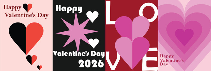 Valentine’s Day 2026 poster set with hearts and love typography design. Romantic pink and red abstract backgrounds for greeting cards, digital banners, and festive celebration visuals.