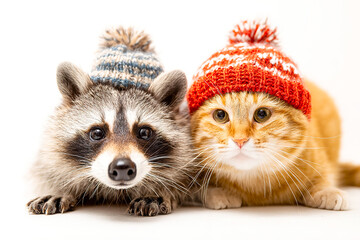 Obraz premium Domestic raccoon and cat in New Year's hats looking at camera, Christmas and New Year concept, isolated on white background.