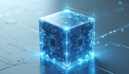 Glowing digital cube shows complex internal circuits. Blue light illuminates tech data flow on futuristic network surface. Concept of AI computing power, innovation, advanced systems, global