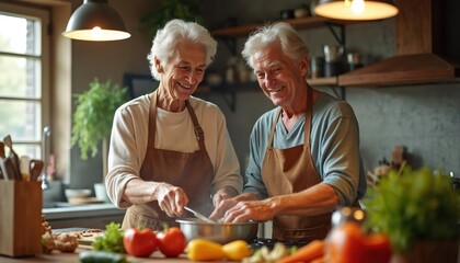 Elderly couple cooks together at home kitchen. Mature man and woman wearing aprons prepare meal with vegetables and meat. Seniors chop ingredients in pan having fun with healthy eating lifestyle.