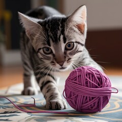 Curious Tabby Kitten Pouncing on Purple Yarn Ball with Wide Eyes Indoor Play