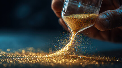 An antique hourglass with sand flowing inside a desert landscape symbolizes the passing of time and a crucial deadline