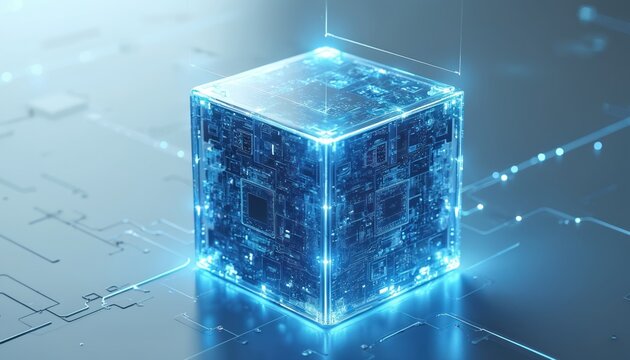 Glowing digital cube shows complex internal circuits. Blue light illuminates tech data flow on futuristic network surface. Concept of AI computing power, innovation, advanced systems, global