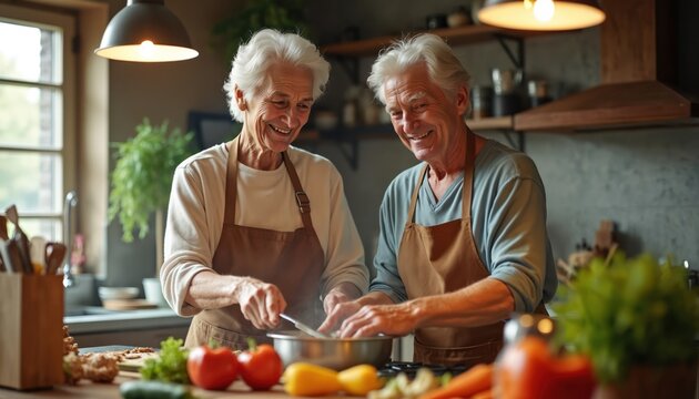 Elderly couple cooks together at home kitchen. Mature man and woman wearing aprons prepare meal with vegetables and meat. Seniors chop ingredients in pan having fun with healthy eating lifestyle. - Powered by Adobe