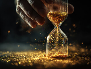 An antique hourglass with sand flowing inside a desert landscape symbolizes the passing of time and a crucial deadline
