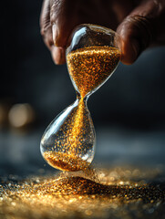An antique hourglass with sand flowing inside a desert landscape symbolizes the passing of time and a crucial deadline