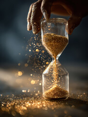 An antique hourglass with sand flowing inside a desert landscape symbolizes the passing of time and a crucial deadline