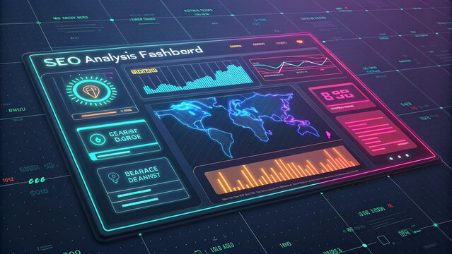 Seo analysis dashboard displaying data visualizations and world map in futuristic style