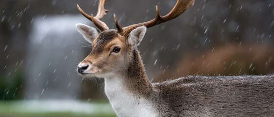 Deer standing gracefully in a snowy forest, with soft snowfall and a peaceful background during winter