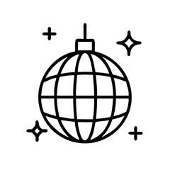 Simple line art icon of a disco ball with sparkles for parties and celebrations