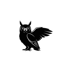 Silhouette of an owl, wings spread, facing forward on a plain white background