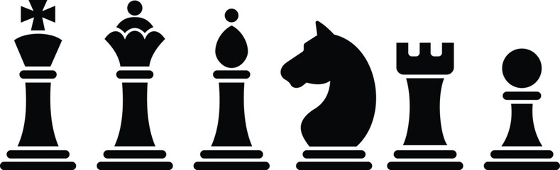 Obraz premium Black and white chess icons set, outline and solid collection of vector pieces, flat style group design including king, queen, bishop, knight, rook, pawn illustrations