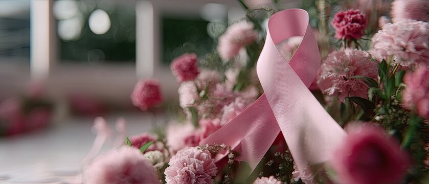 Pink ribbon and flowers signify support and awareness for breast cancer during a community event in a brightly lit venue