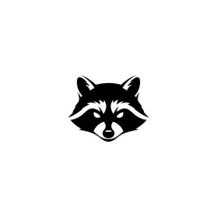 Stylized raccoon face in black silhouette against a white background, centered